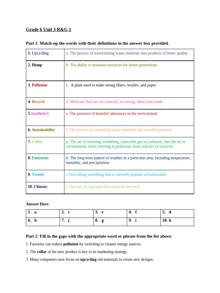 Grade 6 Vocabulary And Grammar Exercises Pdf Textiles Recycling
