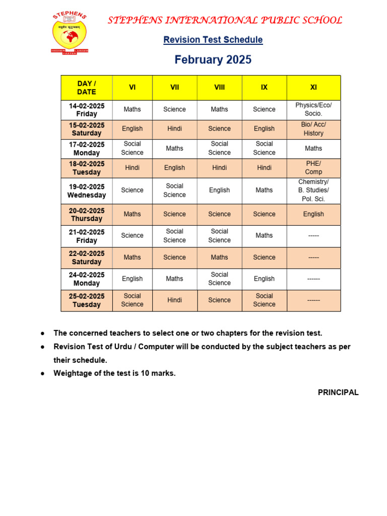 Revision Test Schedule - February 2025 (6th To 9th & 11th) | PDF