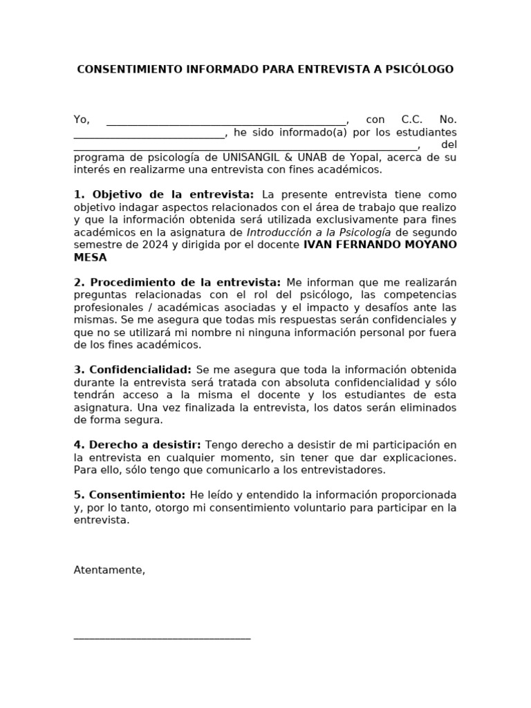 Consentimiento Informado para Entrevista A Psicólogo | PDF