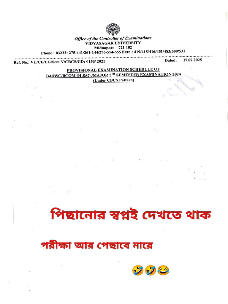 Revised Exam Schedule Ug 5th Sem Exam 2024 | PDF