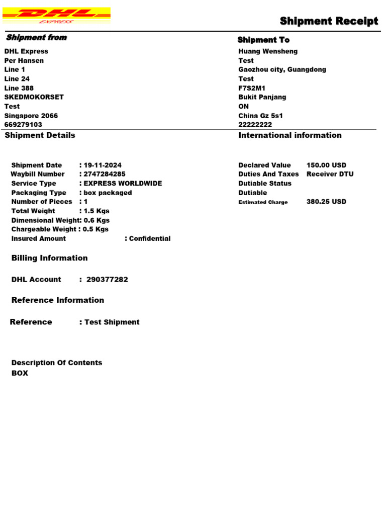 DHL Express Shipment Receipt Details | PDF