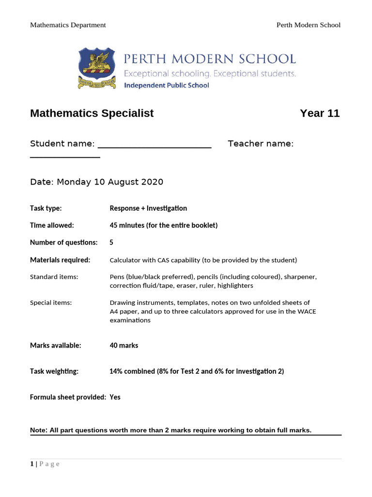 2020 Year 11 Spec Test 2 and Inv 2 Validation Combined | PDF | Function ...
