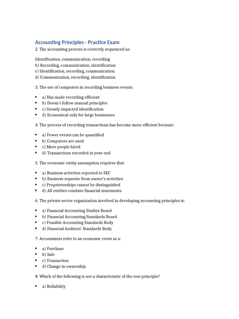 Accounting Principles Practice Exam | PDF | Debits And Credits | Business