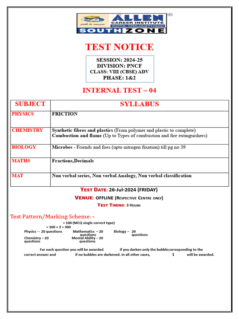 Class VIII Internal Test Notice 2024-25 | PDF