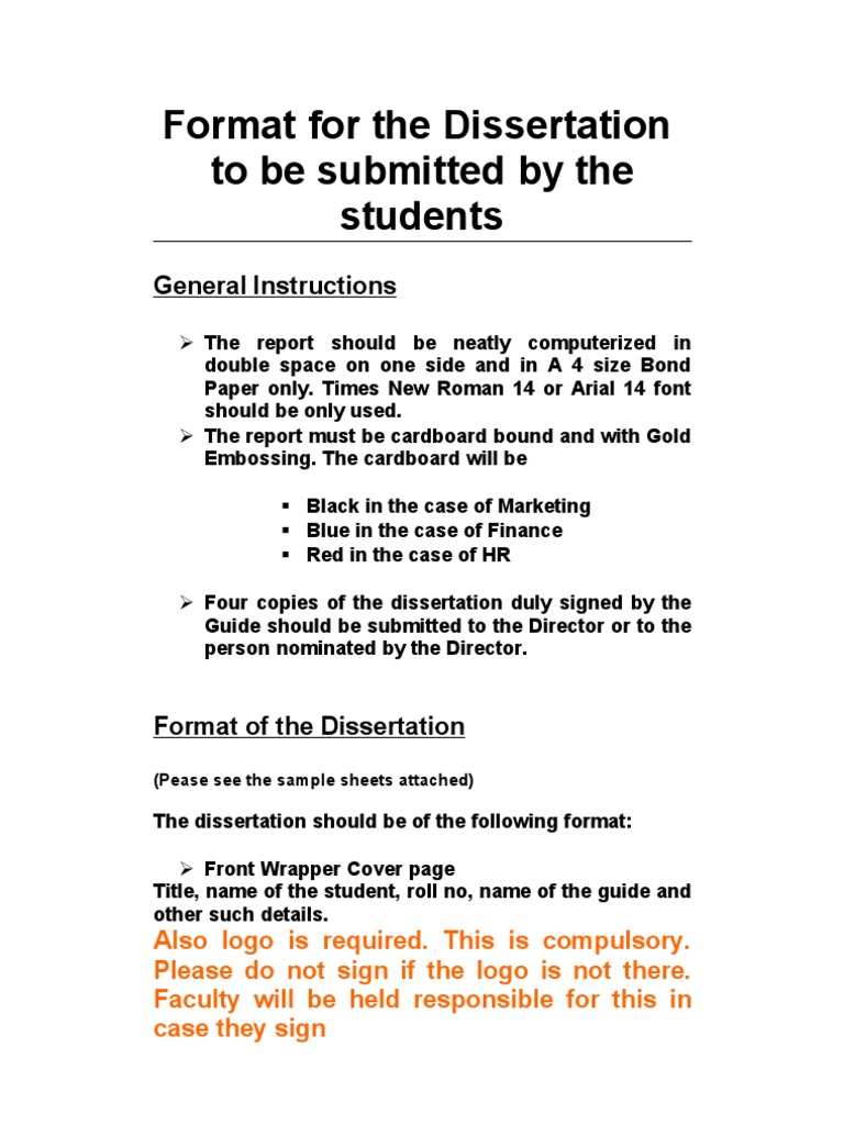 Format For The Dissertation To Be Submitted by The Students: General ...