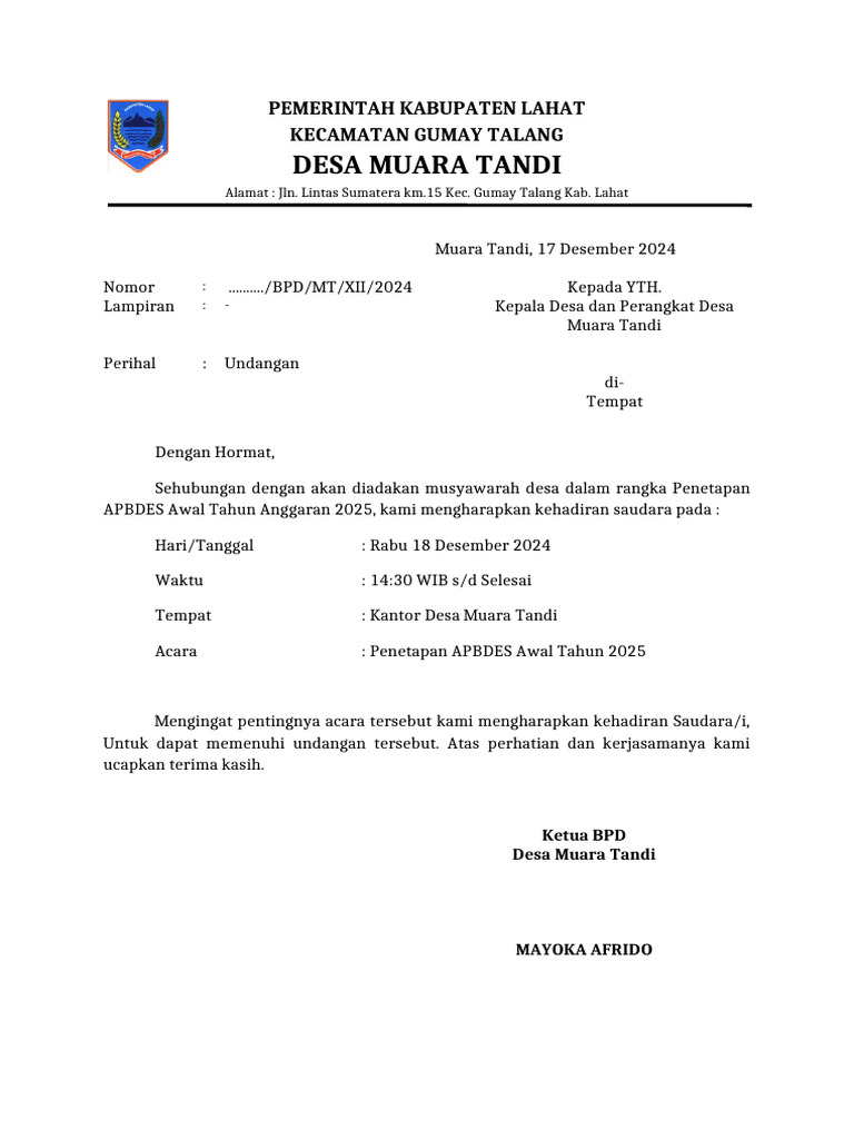 Undangan Musdes Penetapan APBDES 2025 | PDF