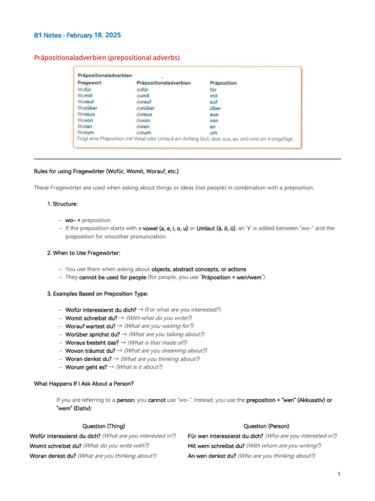 B1 Notes - February 18, 2025 - Präpositionaladverbien | PDF | English ...