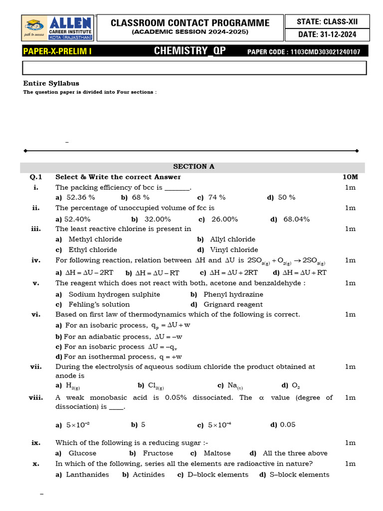 Chemistry Prelim Exam Paper 2024-2025 | PDF | Chemical Reactions | Ion