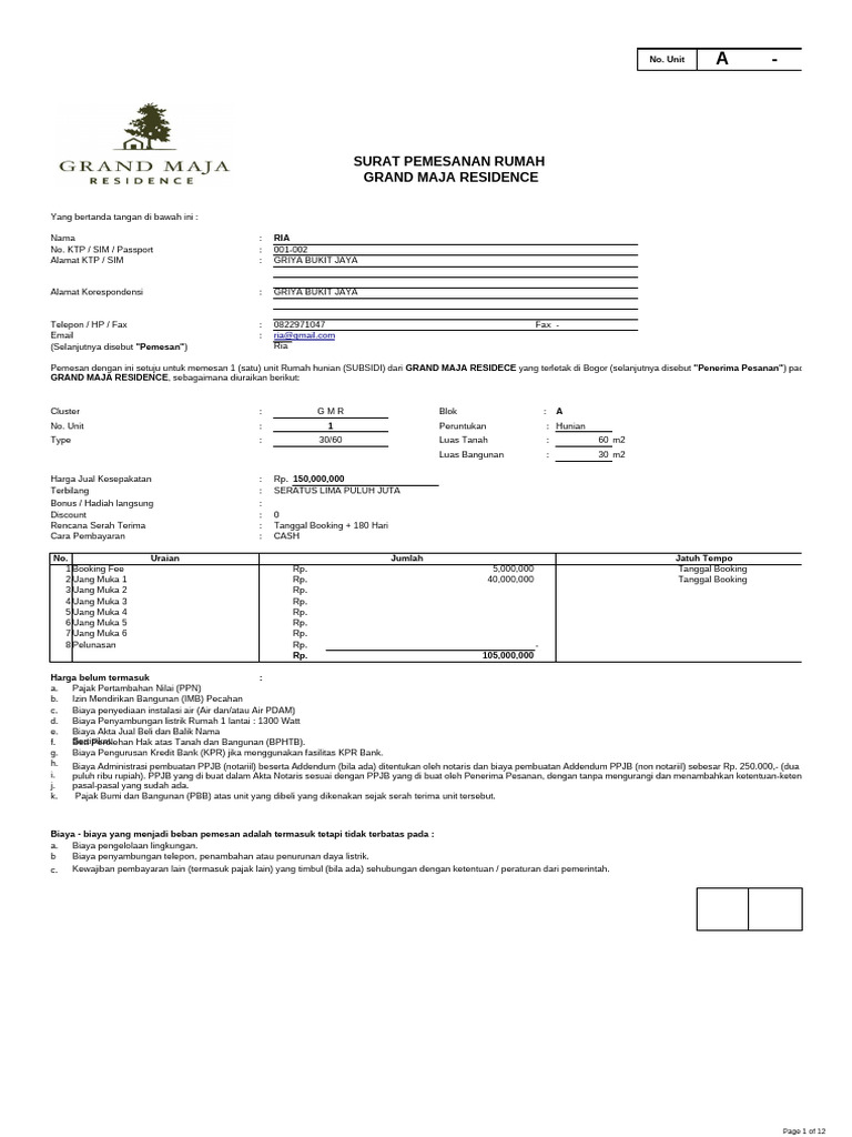 Surat Pemesanan Rumah Grand Maja | PDF