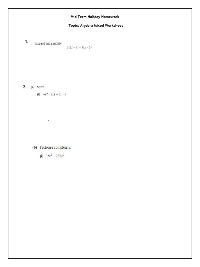 Year 8 - Algebra Mixed Worksheet | PDF
