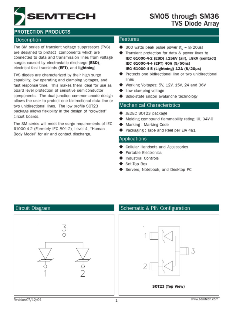 sm05-sm36 20040712 Semtech | PDF | Electrostatic Discharge | Diode