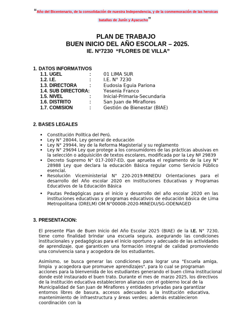 Plan de Buen Inicio Escolar 2025 en I.E. 7230 | PDF | Escuelas | Salón ...