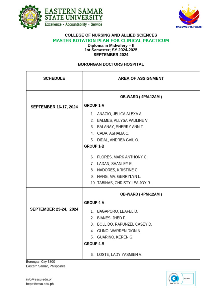 Master Rotation Plan: Midwifery II | PDF