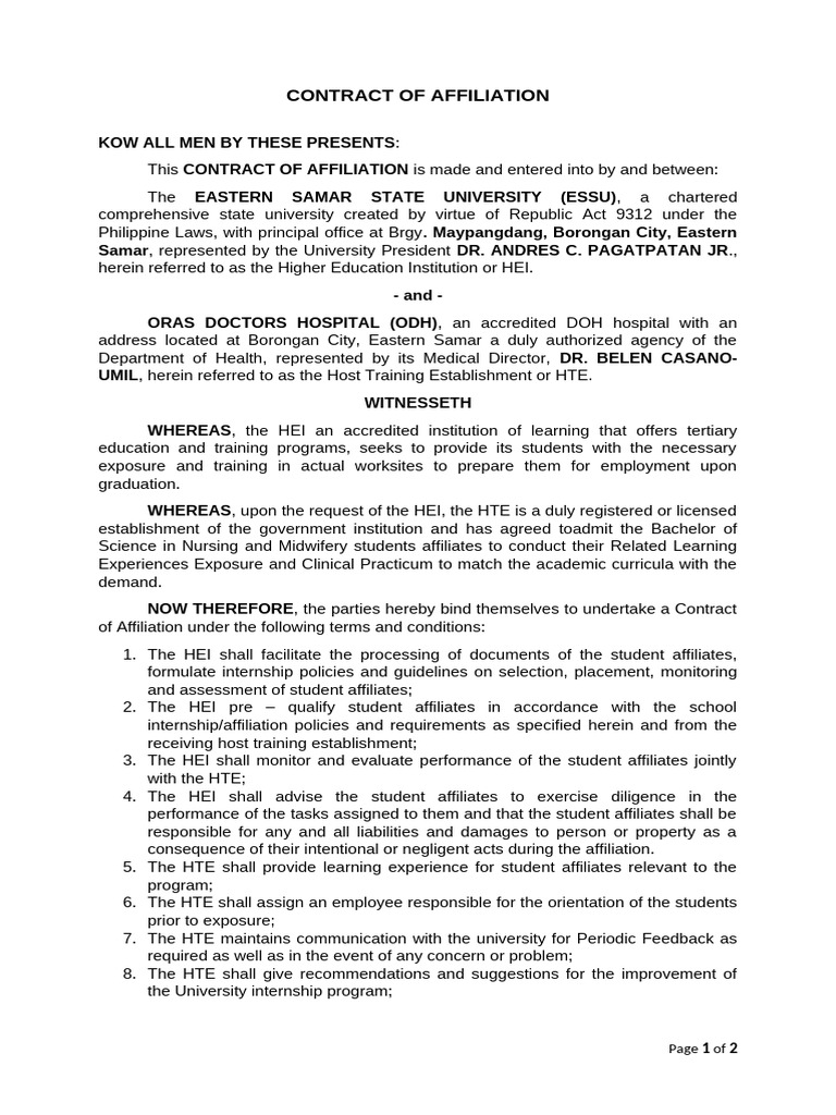 Affiliation Contract: ESSU & ODH | PDF | Health Care