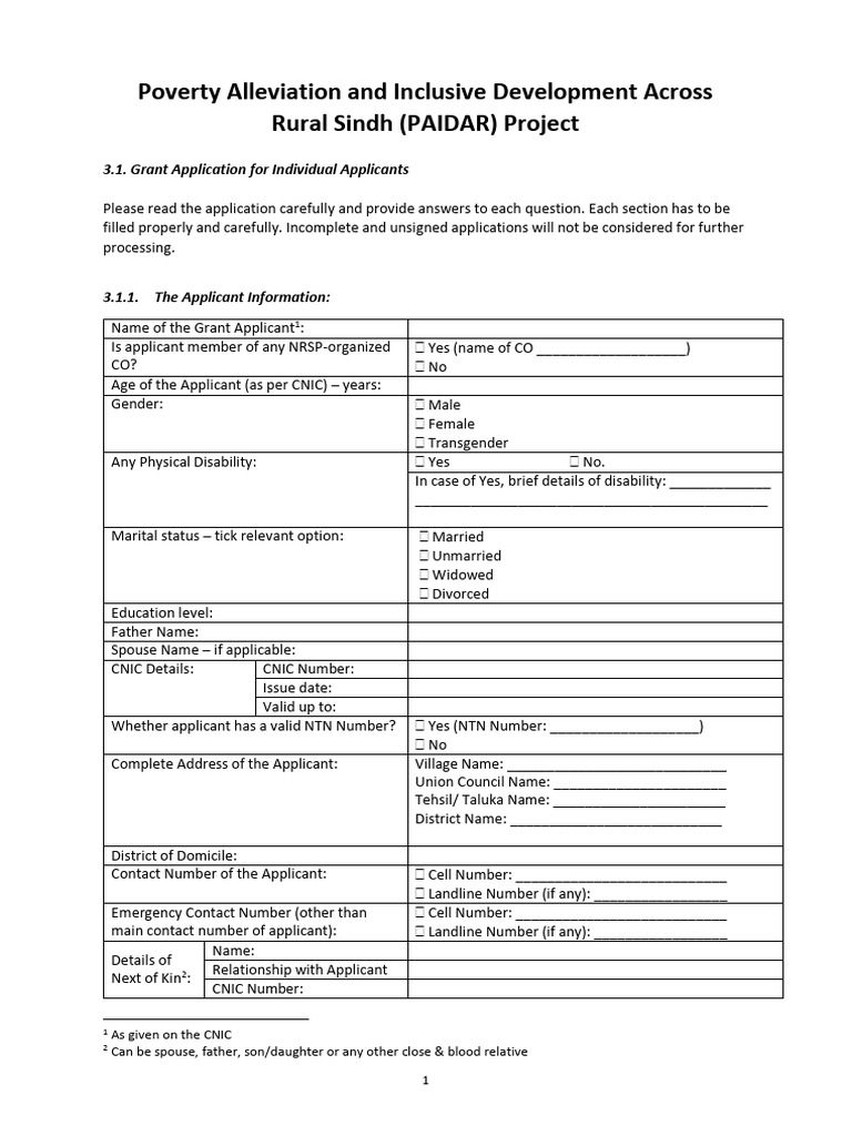 PAIDAR Grant Application For Individual Applicants | PDF | Banks | Business