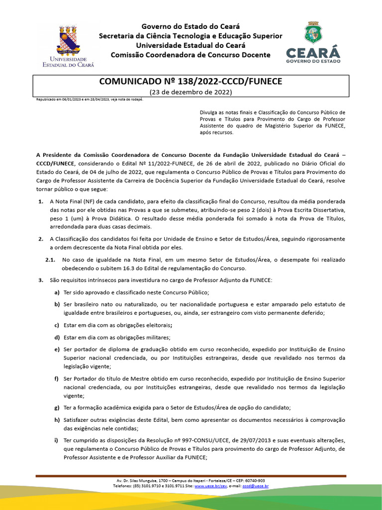 Notas Finais do Concurso Professor FUNECE | PDF | Remédio | Decimal