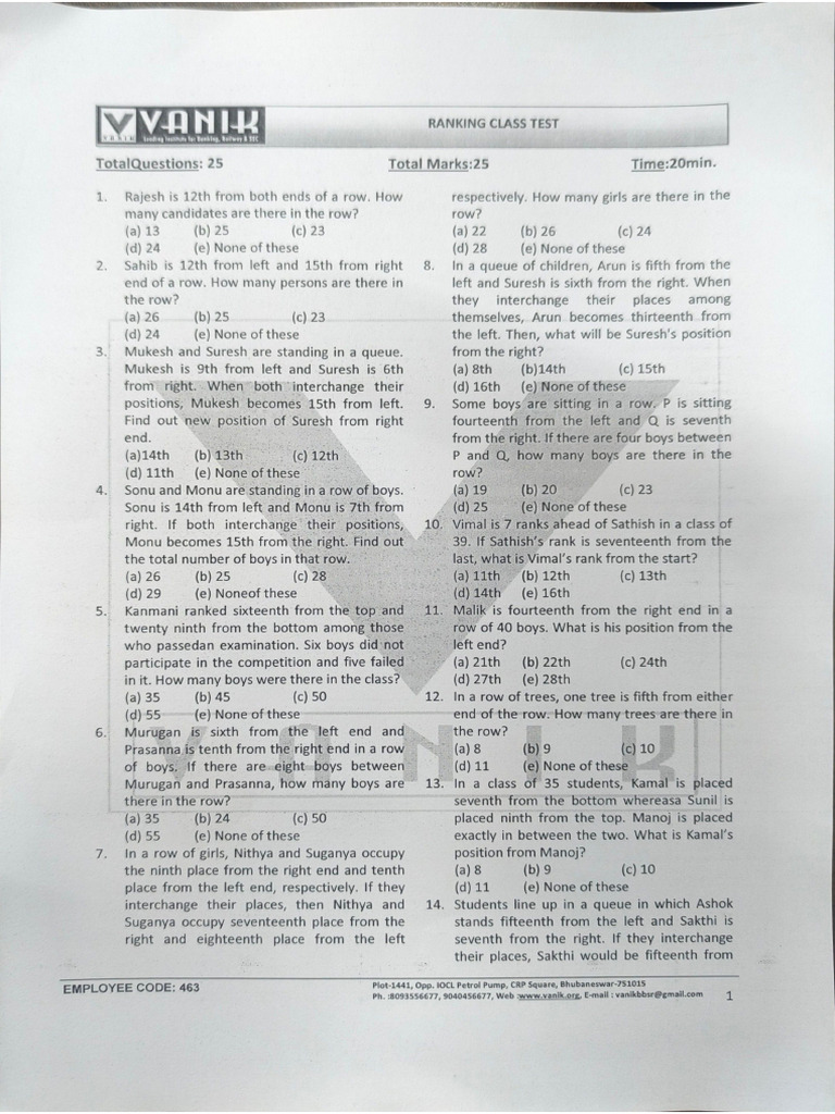 Ranking Class Test | PDF