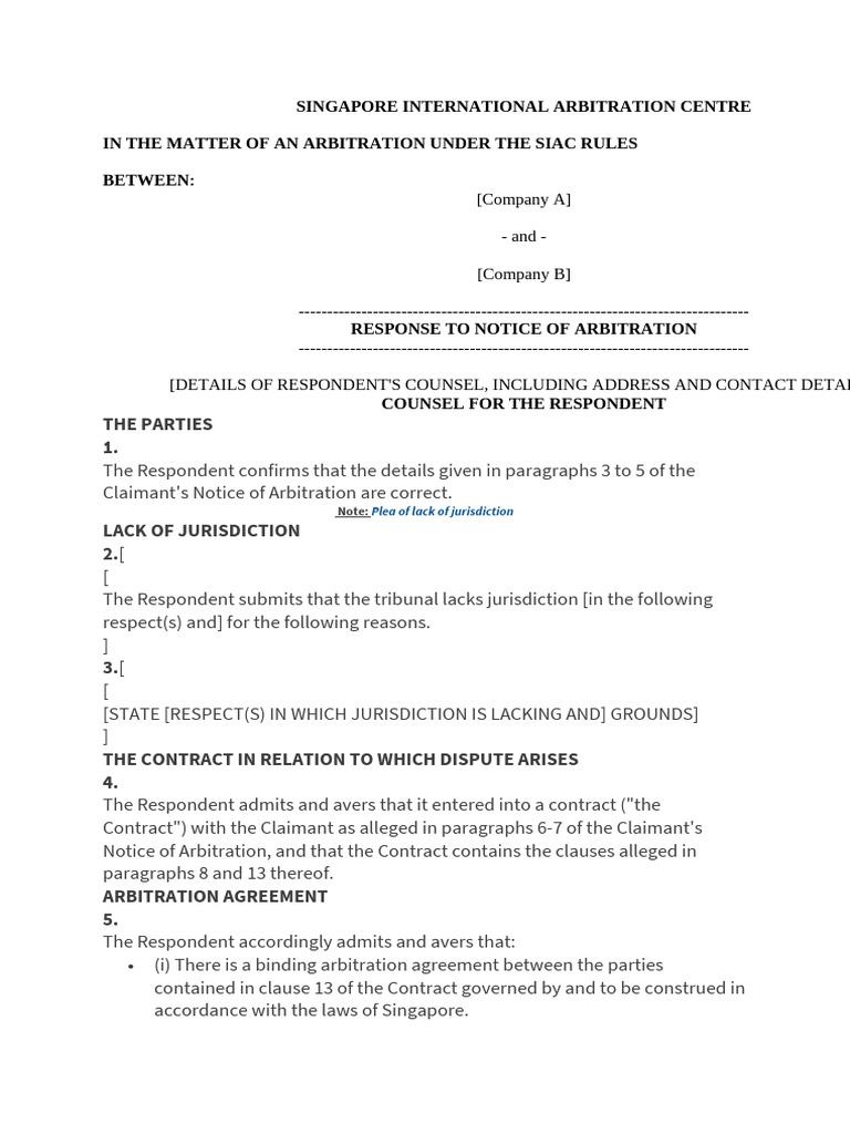 Response to Arbitration Notice | PDF | Arbitration | Damages
