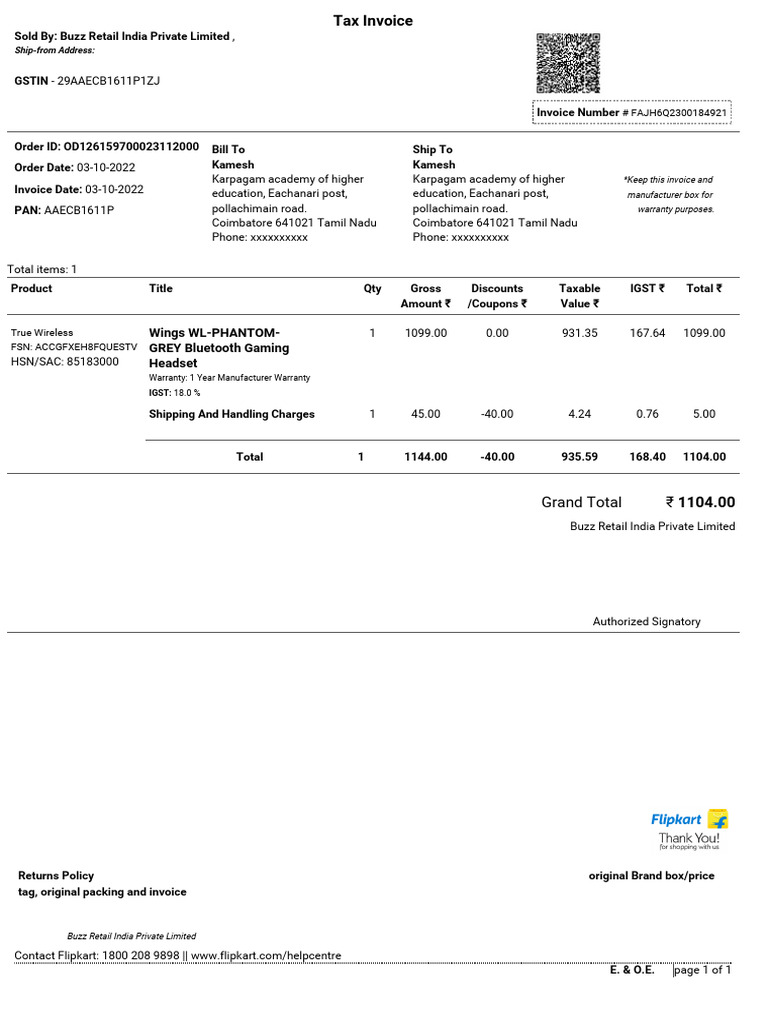 Invoice for Bluetooth Gaming Headset | PDF
