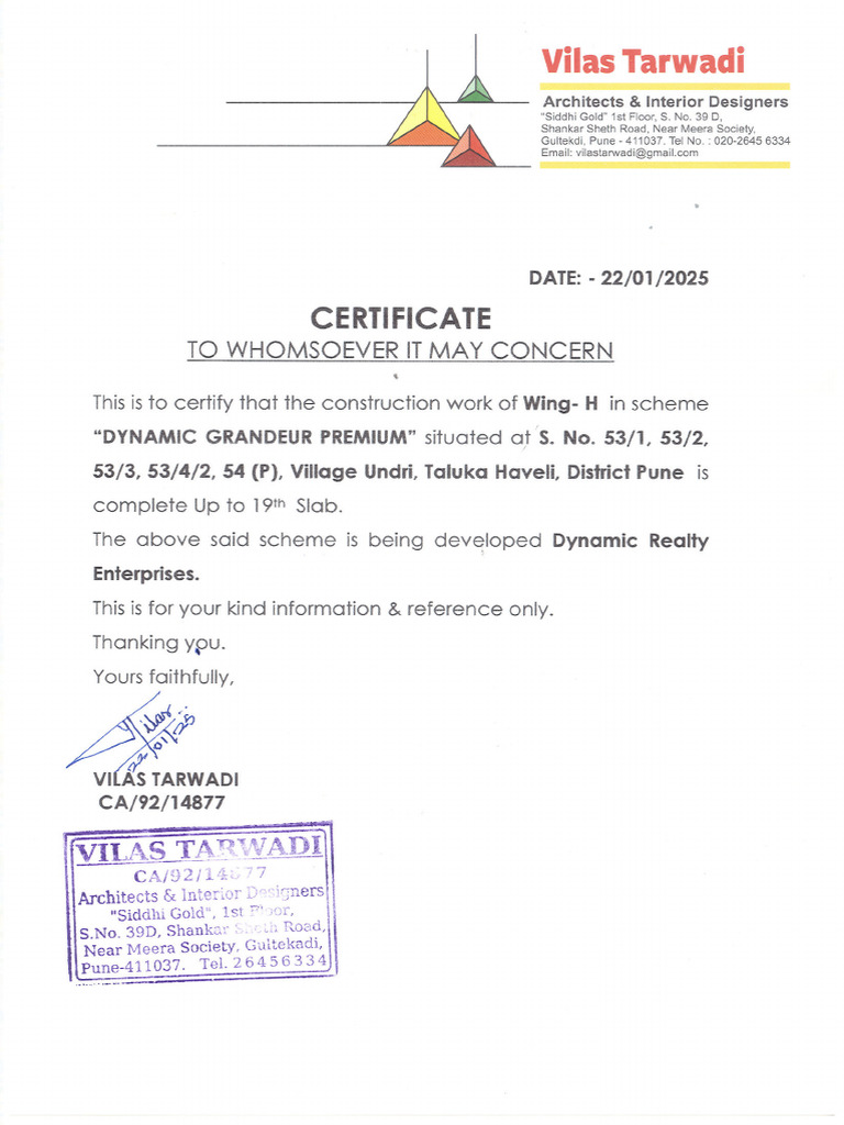 Architect Certificate H Wing Commencement of 20th Slab | PDF
