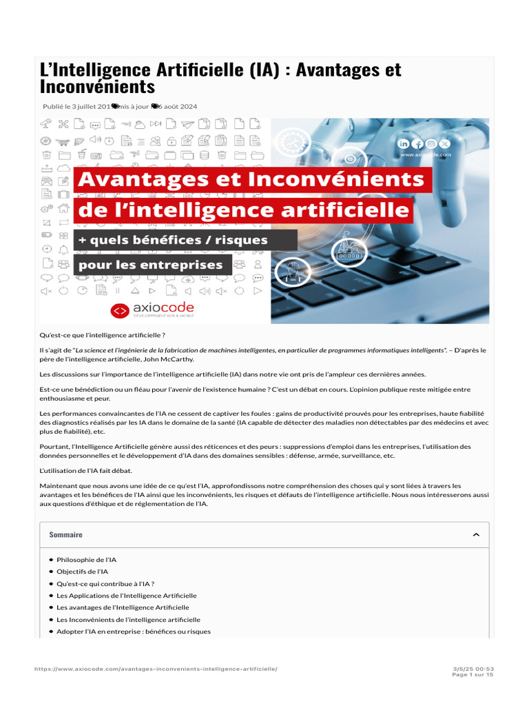 Avantages et Inconvénients de l'IA | PDF | Intelligence artificielle ...