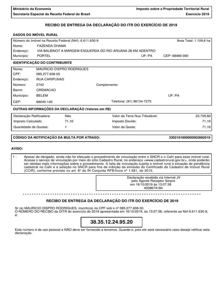 Multa ITR 2019: Recibo e Notificação | PDF | Impostos | Brasil