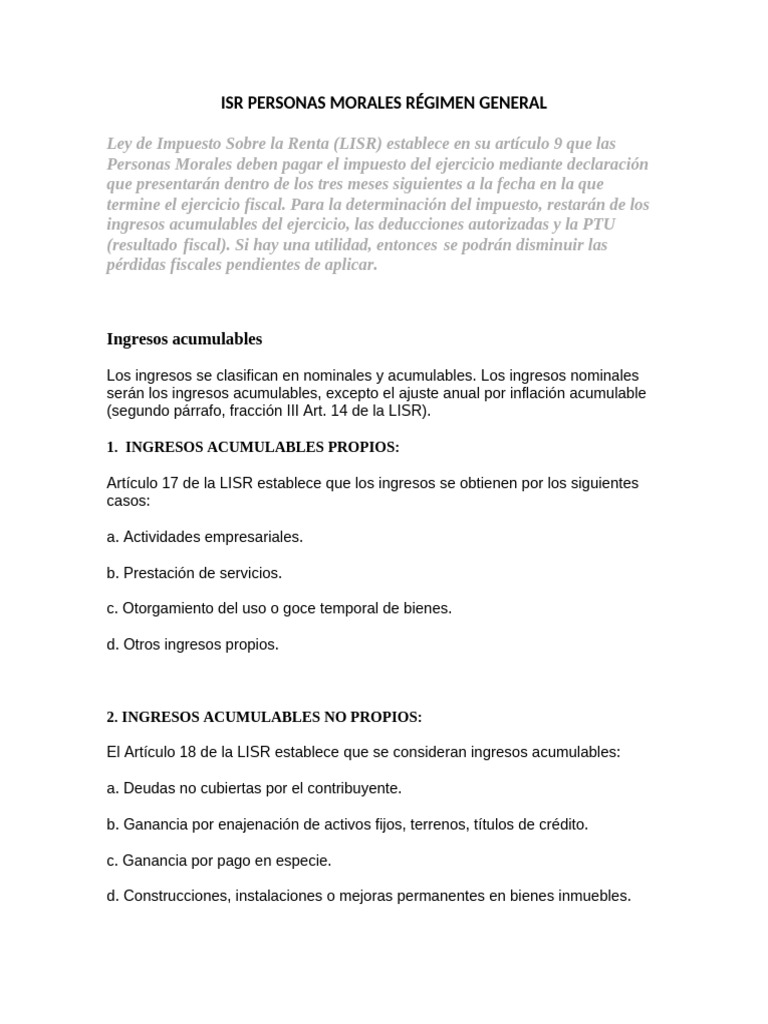 ISR para Personas Morales: Régimen General | PDF | Impuesto sobre la ...