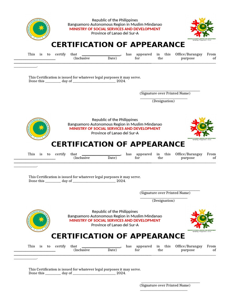Certification of Appearance Template | PDF