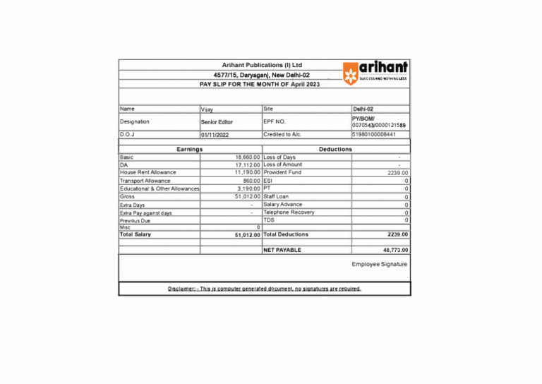 April 2023 Salary Slip for Vijay | PDF | Government Finances | Taxes