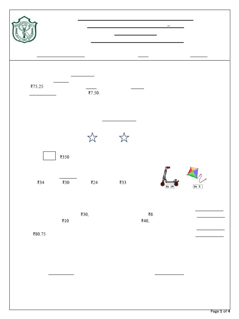 Class II Math Worksheet: Division & Money | PDF | Rupee | Currency