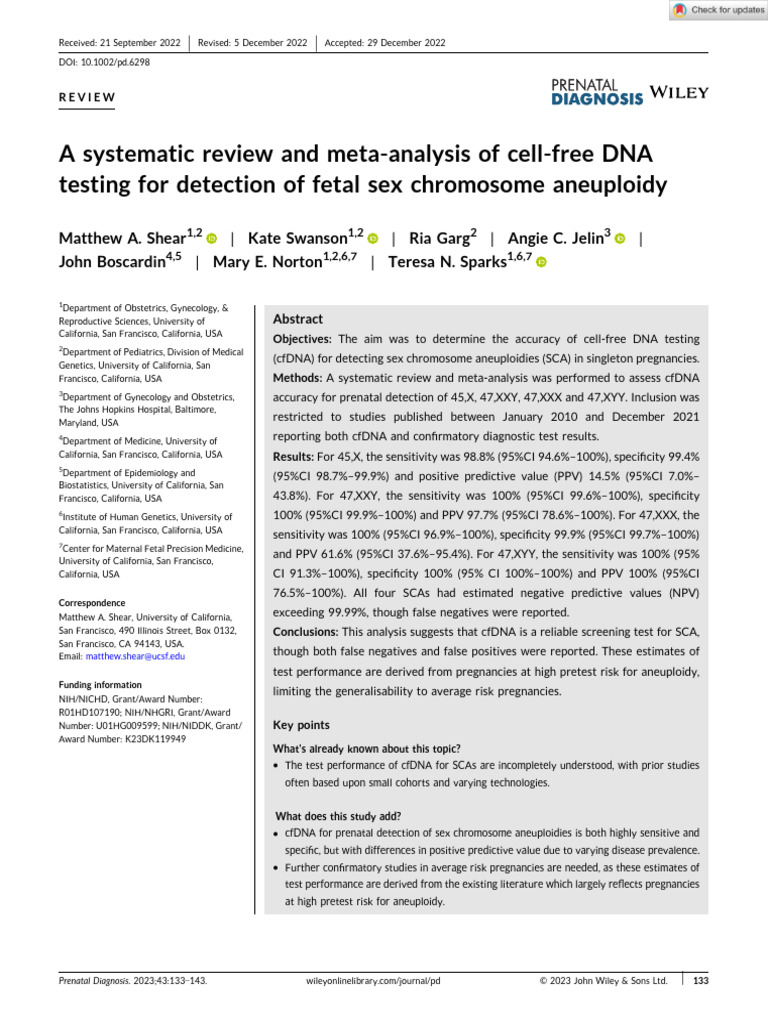 A systematic review and meta analysis of cell free dna testing for