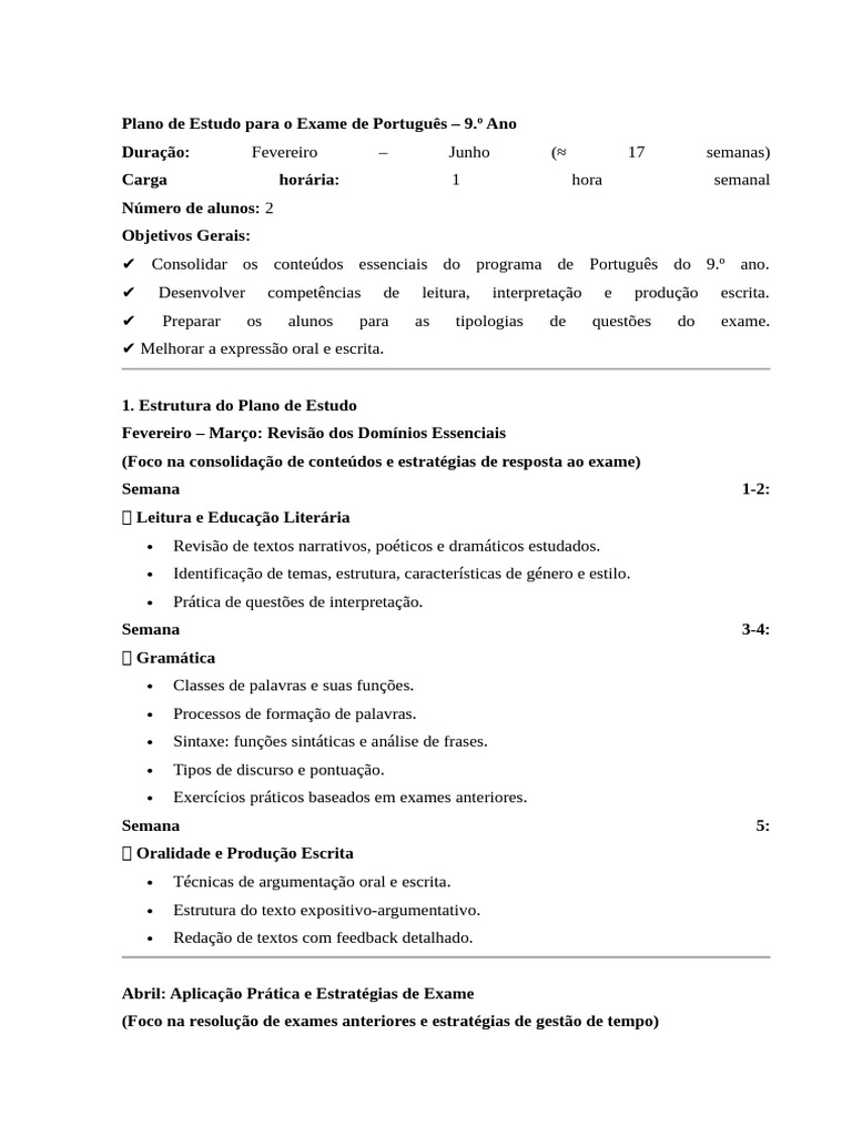 Plano de Estudo para Exame de Português 9º Ano | PDF | Revisão ...