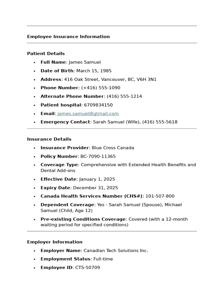 Employee Insurance Details for James Samuel | PDF | Medical Specialties ...