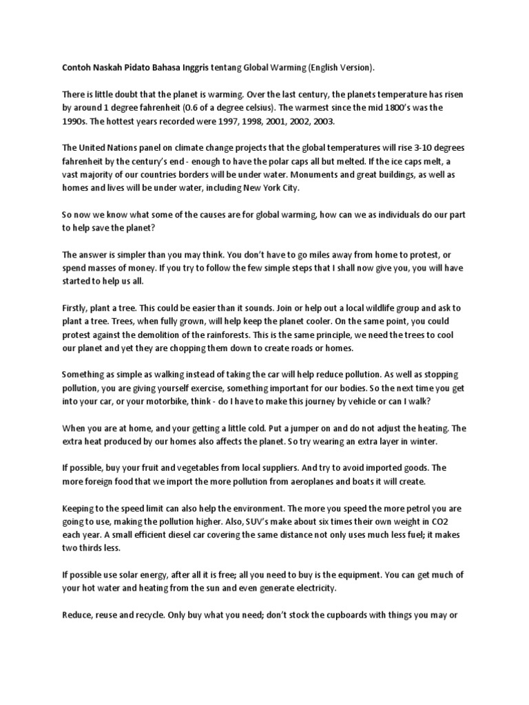 Contoh Naskah Pidato Bahasa Inggris Tentang Global Warming PDF