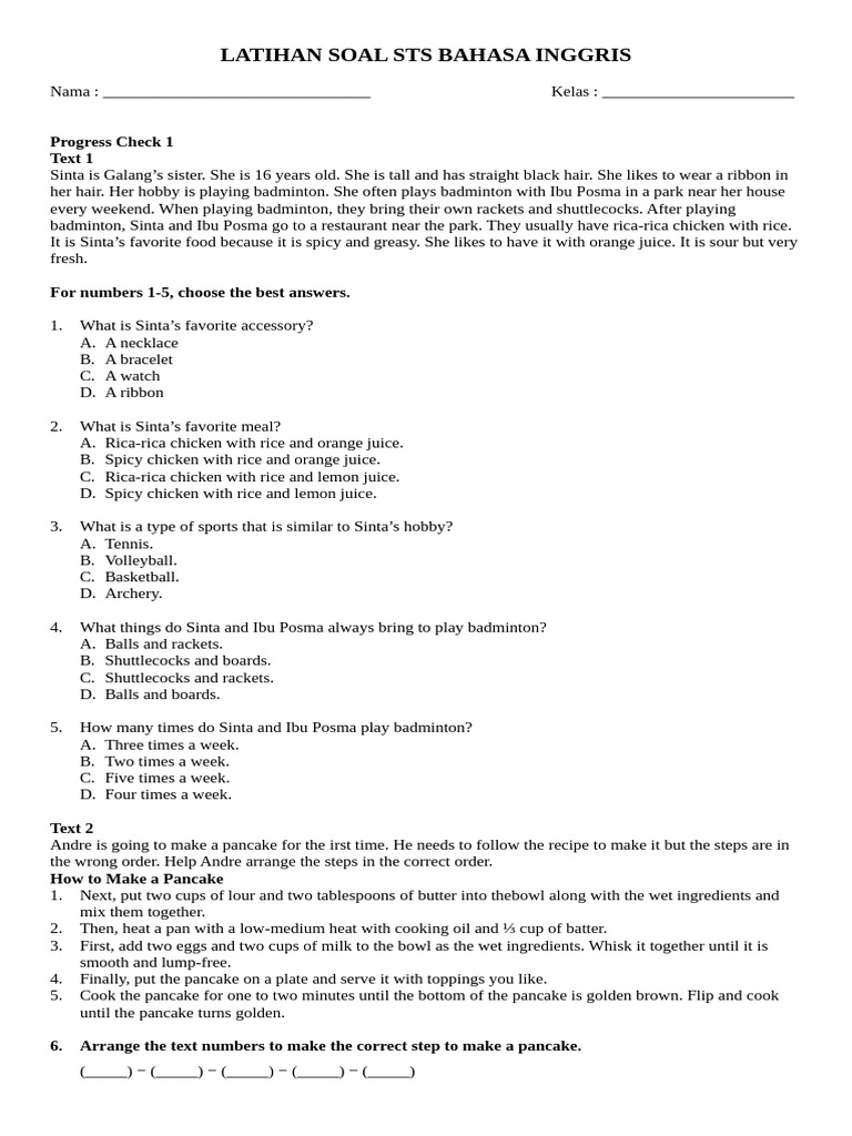 Latihan Soal STS Bahasa Inggris Kelas 7 SMP - Glori | PDF | Foods | Cuisine