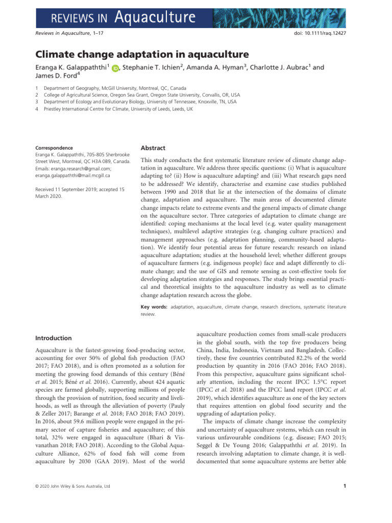 Climate Change Adaptation in Aquaculture | PDF | Aquaculture | Pond