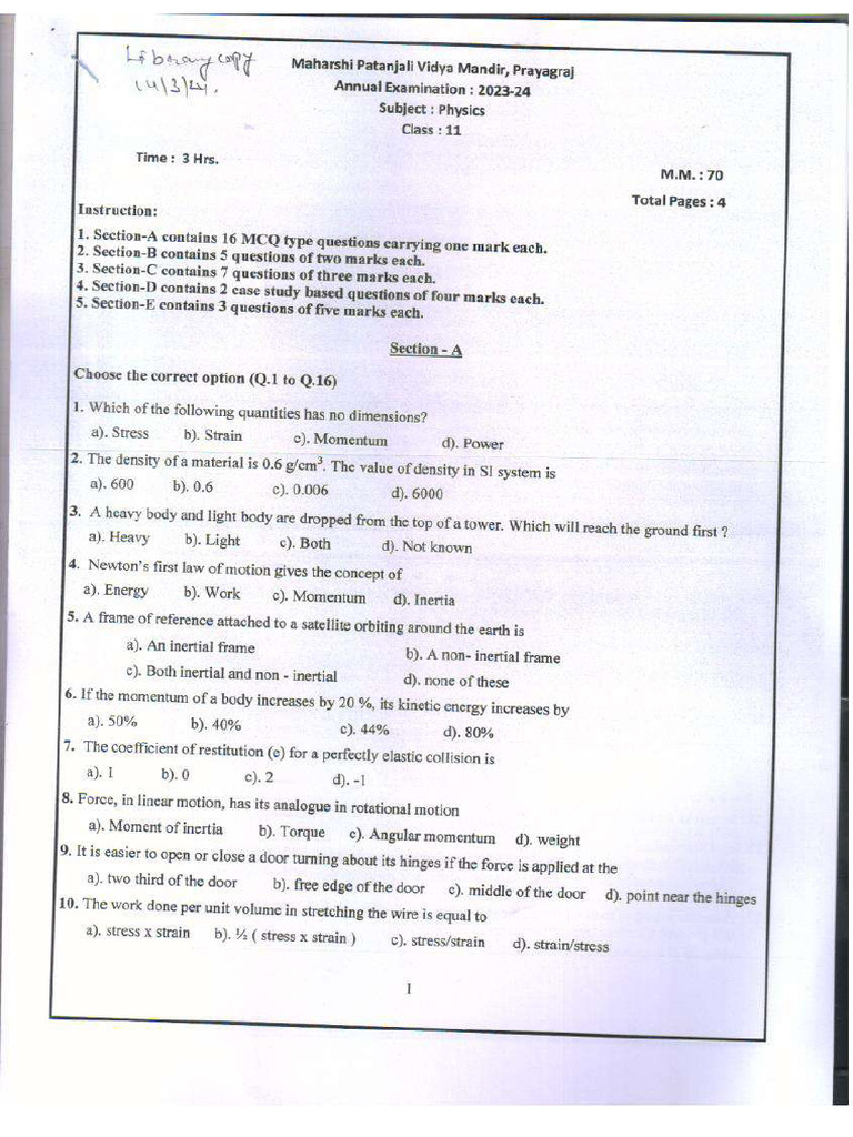 PDF Physics Class 11 TH Annual Q.P. 2024 | PDF