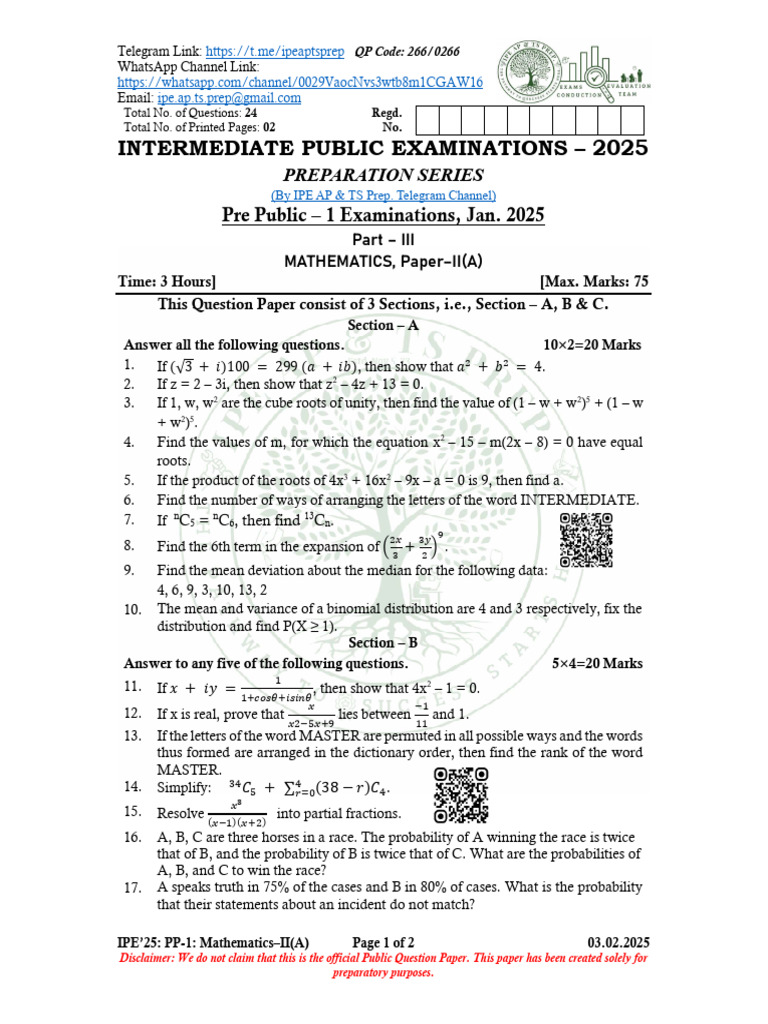IPE 2025 Math II(A) Prep Paper | PDF | Variance | Mathematics