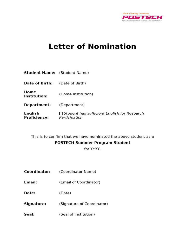 POSTECH Summer Program Nomination Letter | PDF