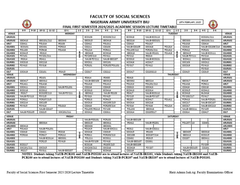 FSS First Semester Timetable 2025/2026 | PDF