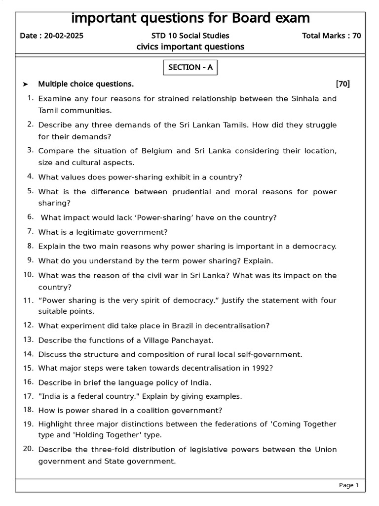 Important Social Studies Questions for STD 10 | PDF | Democracy ...