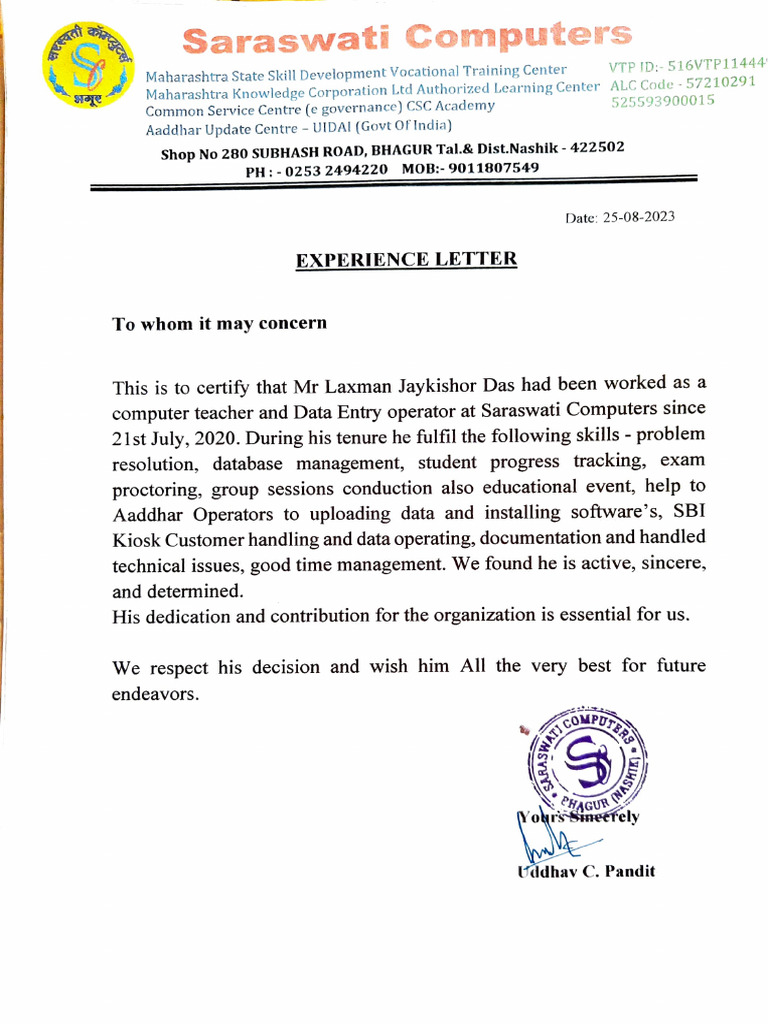 Experience Letter for Computer Teacher | PDF