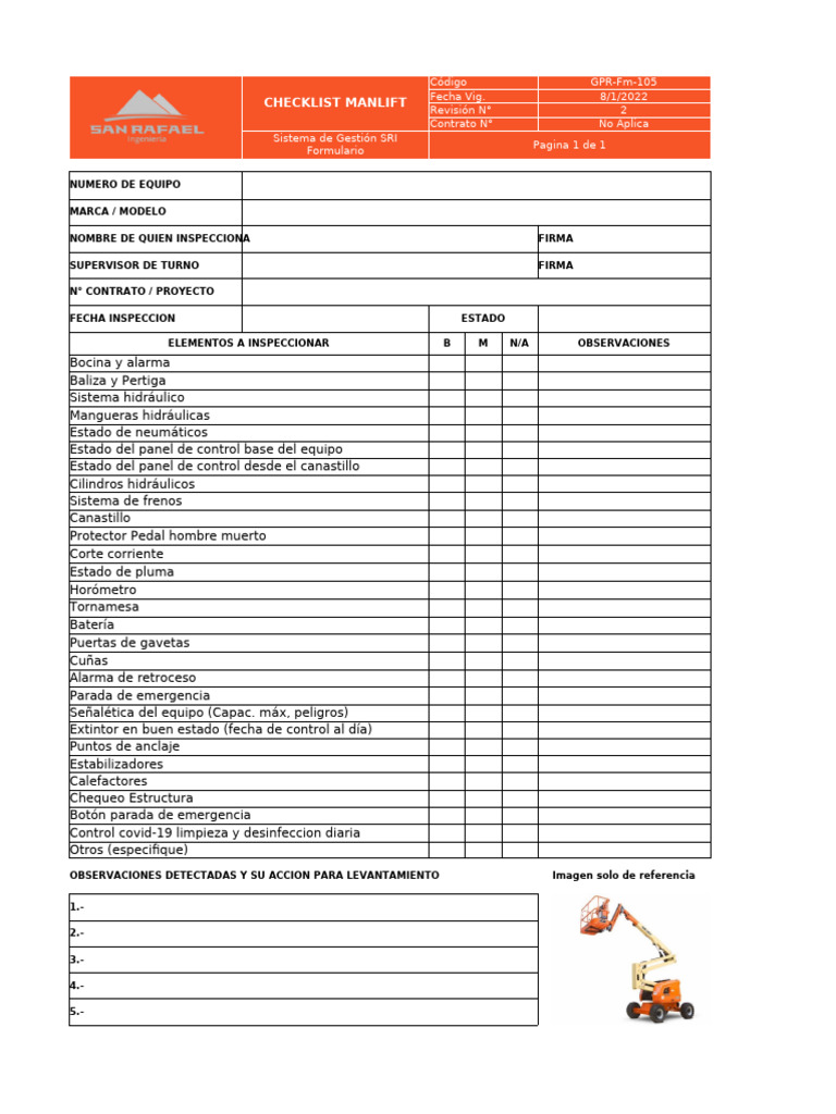 Checklist de Inspección Manlift | PDF
