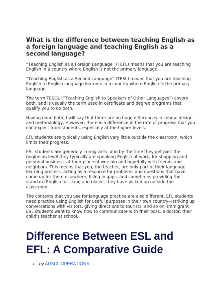 EFL VS ESL | PDF | English As A Second Or Foreign Language | Second ...