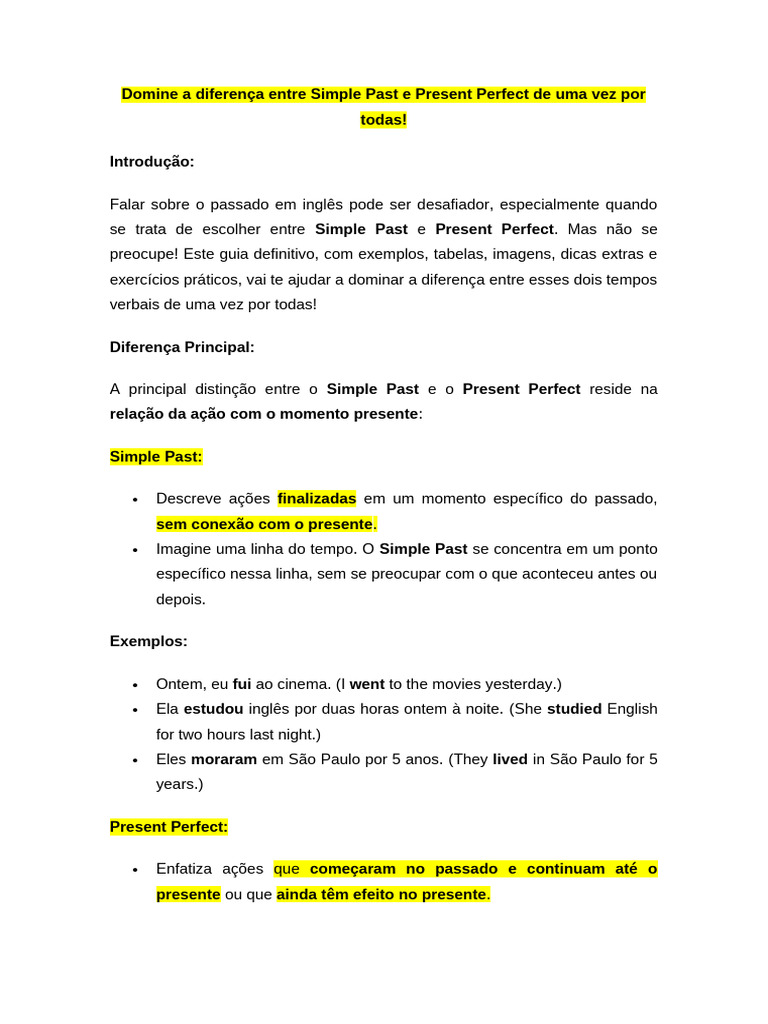 Diferenças entre Simple Past e Present Perfect | PDF | Linguística ...