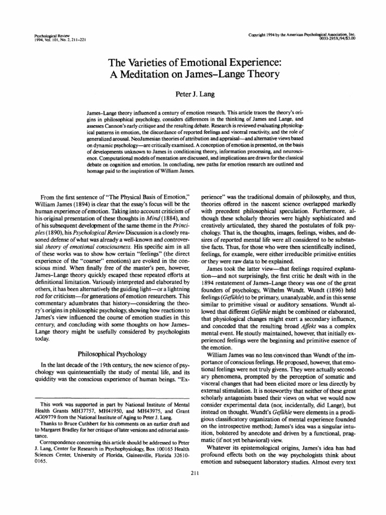 Lang (Varieties of Emotional Experience) | PDF | Emotions | Affect ...