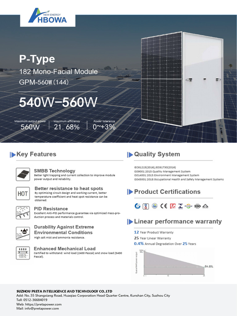 540 560W P Type Mono Facial Module Solar Panel From HBOWA New Energy ...