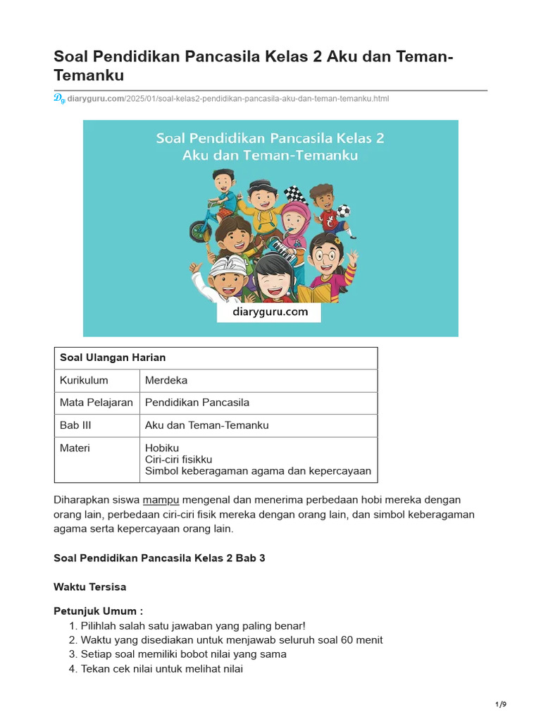 Soal Pendidikan Pancasila Kelas 2 Aku Dan Teman-Temanku | PDF