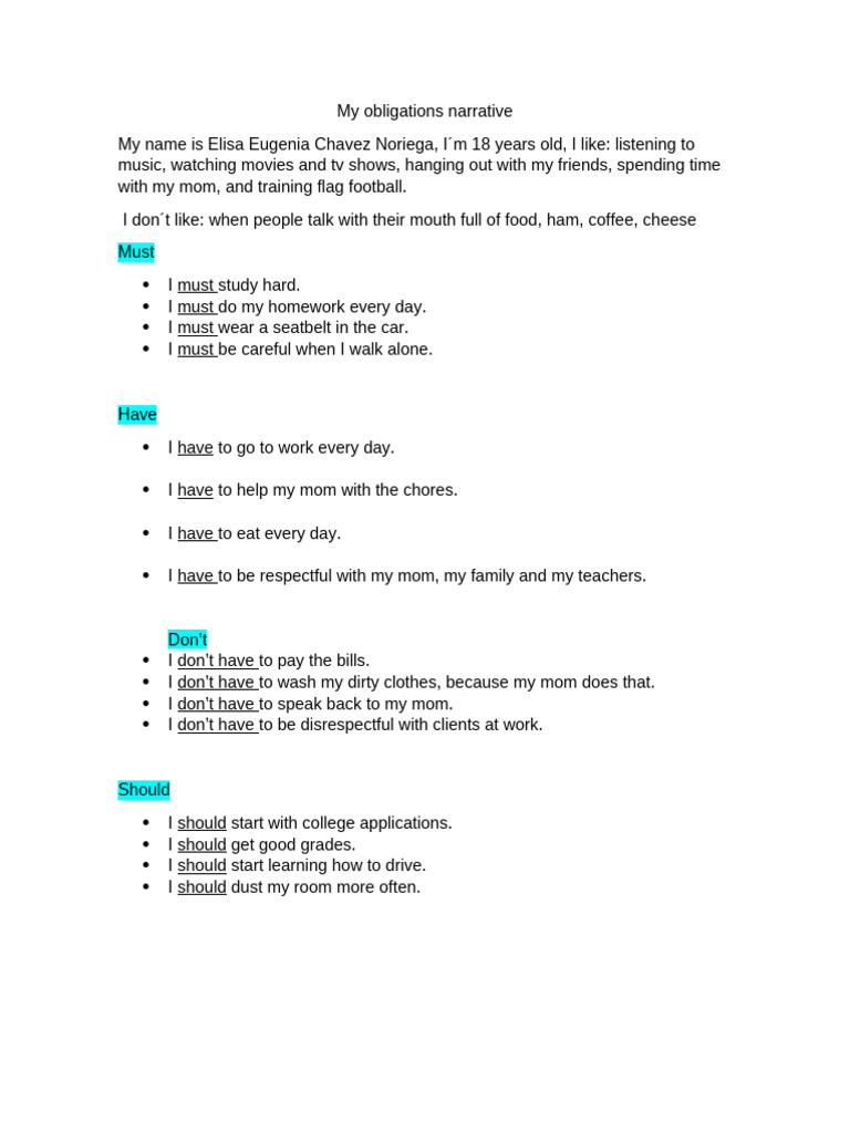 My Obligations Narrative-Elisa | PDF
