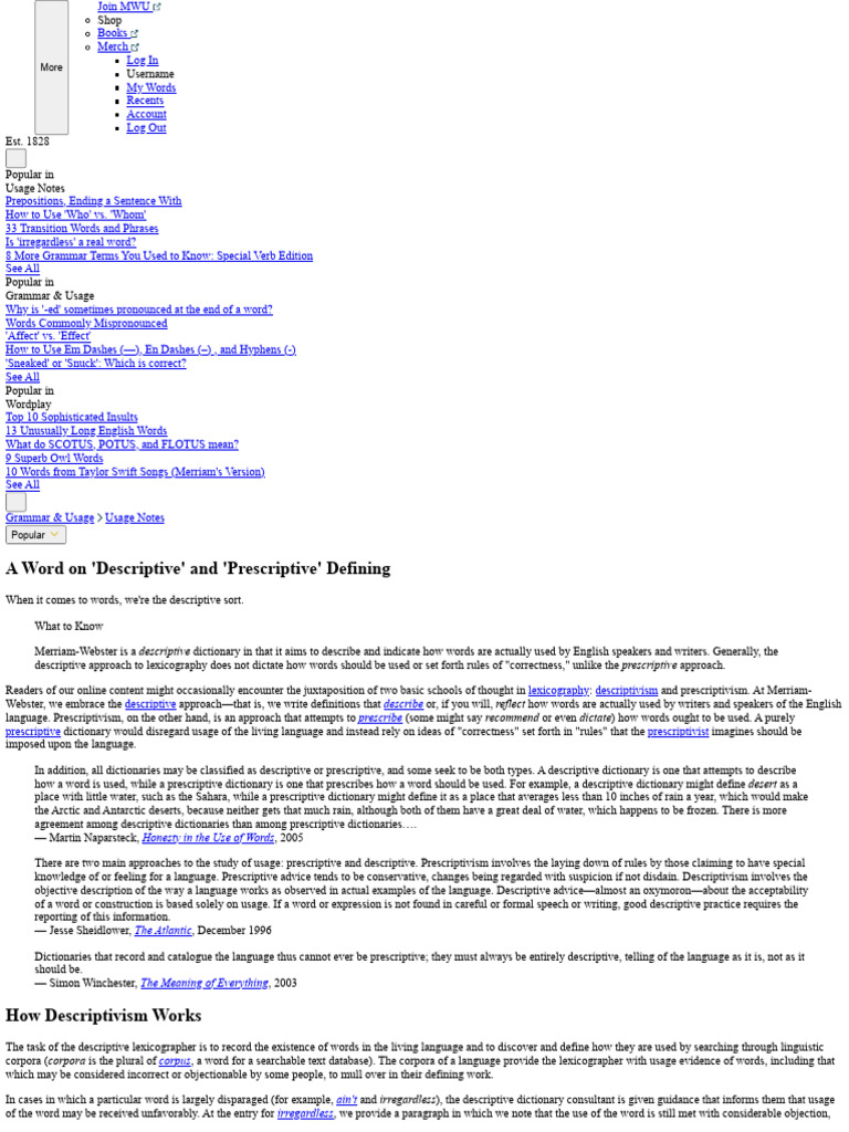 Descriptive vs. Prescriptive Defining in Lexicography - Merriam-Webster ...